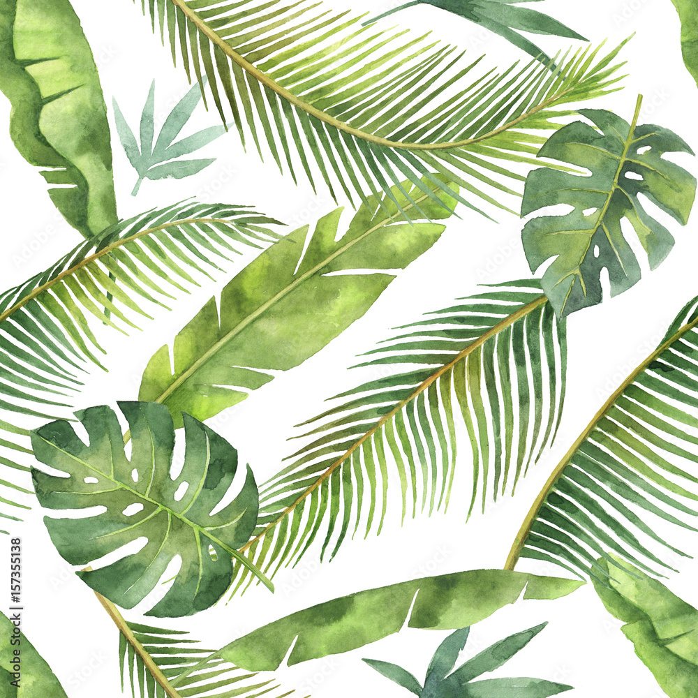 Watercolor seamless pattern with tropical leaves and branches isolated on white background.