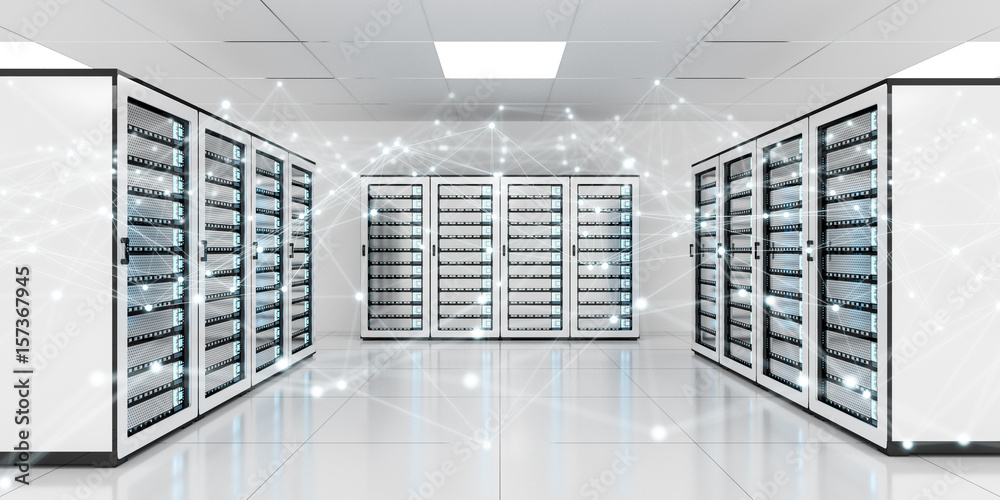 Abstract network on server room data center 3D rendering