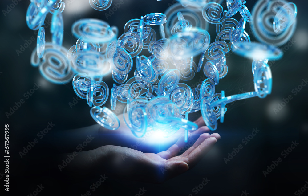 Businesswoman using digital arobase blue sphere to surf on internet 3D rendering