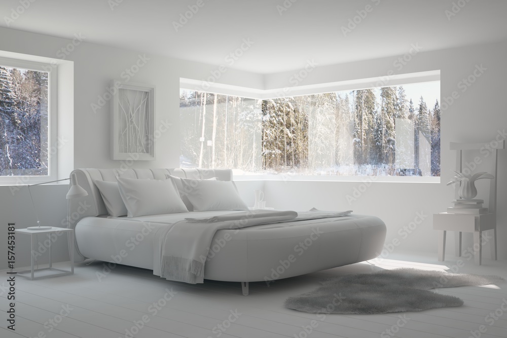 White bedroom with winter landscape in window. Scandinavian interior design. 3D illustration