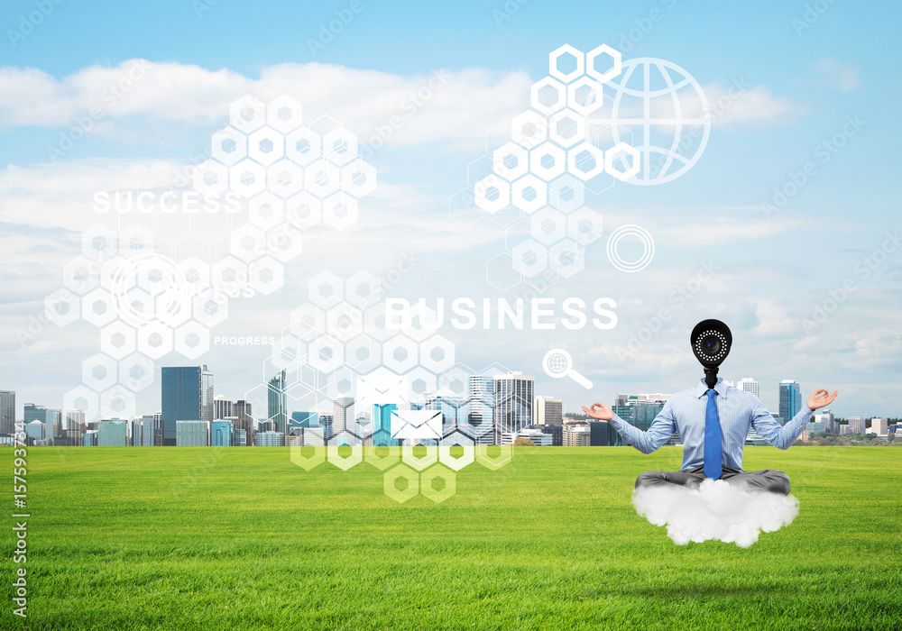 Camera headed man sitting in lotus pose on cloud against modern cityscape