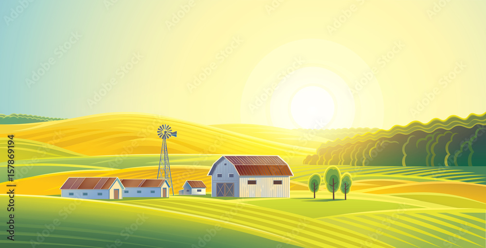 Rural landscape with fields and hills and with a farm. Raster illustration.