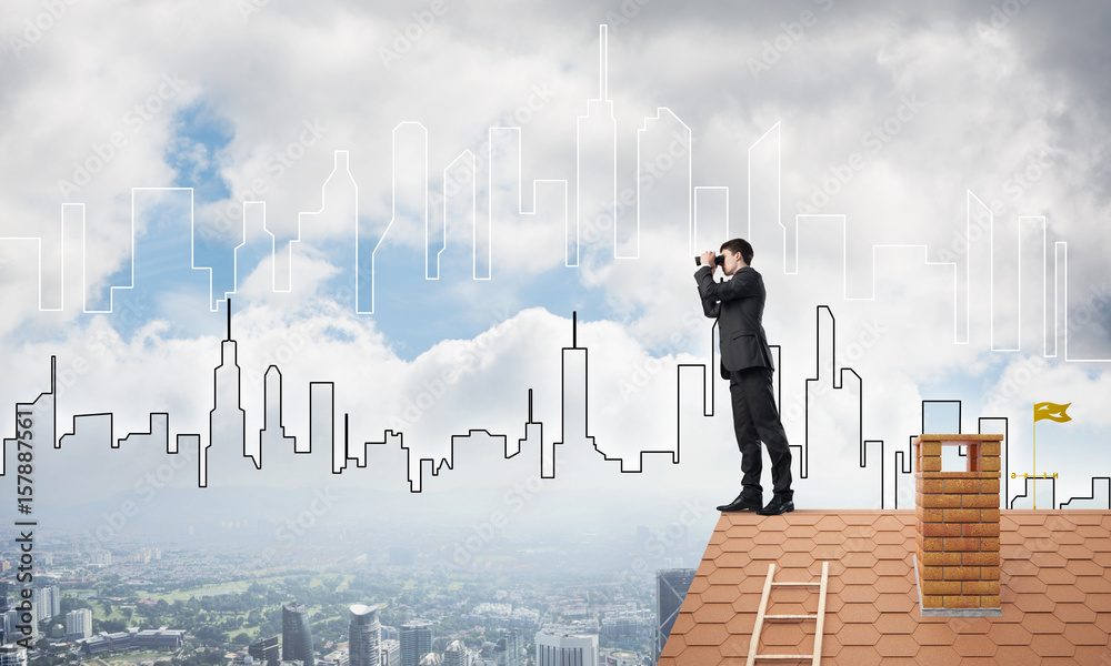 Businessman standing on roof and looking in binoculars. Mixed media