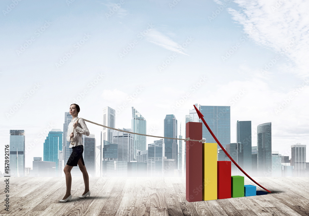 Businesswoman pulling arrow with rope and making it raise up