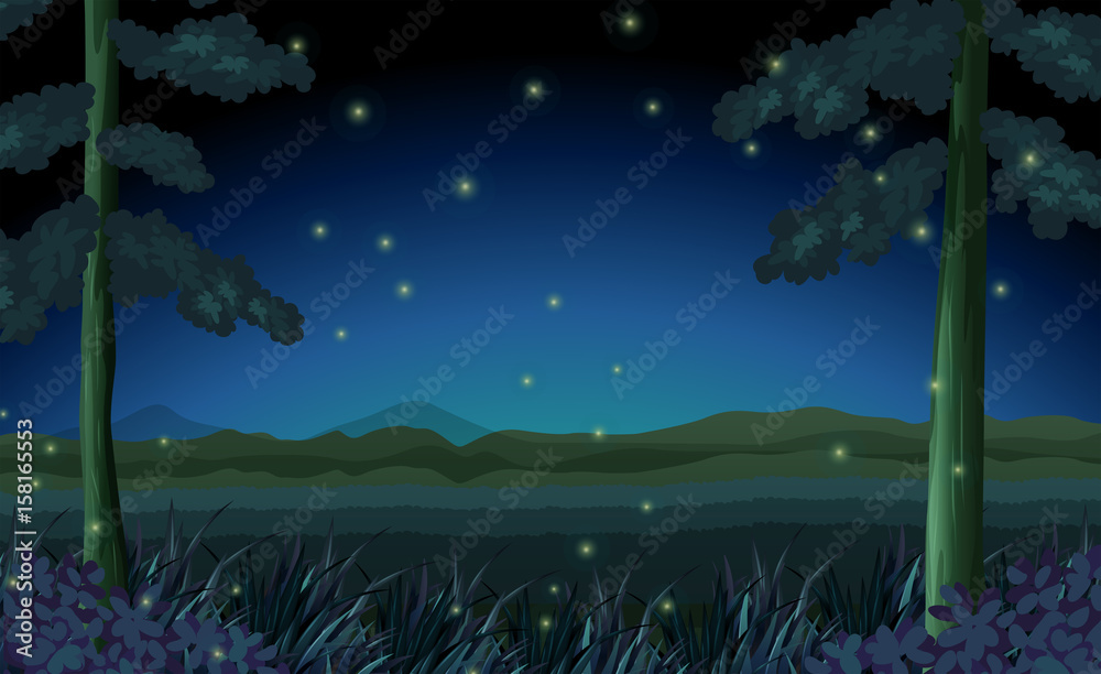 Scene with fireflies in forest at night