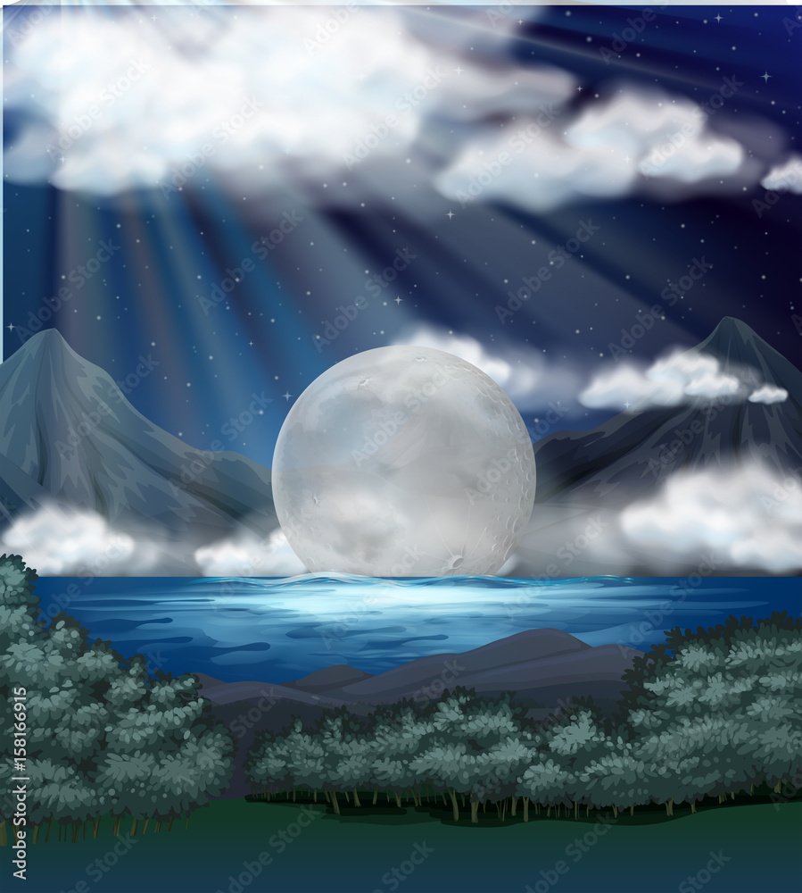 Scene with fullmoon over lake