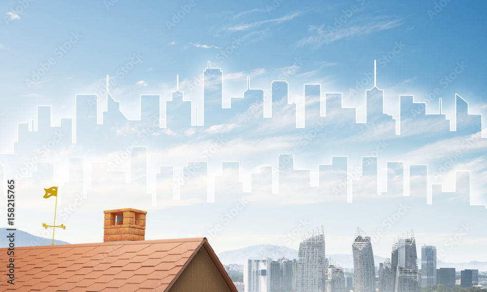 Concept of real estate and construction with drawn silhouette on big city background