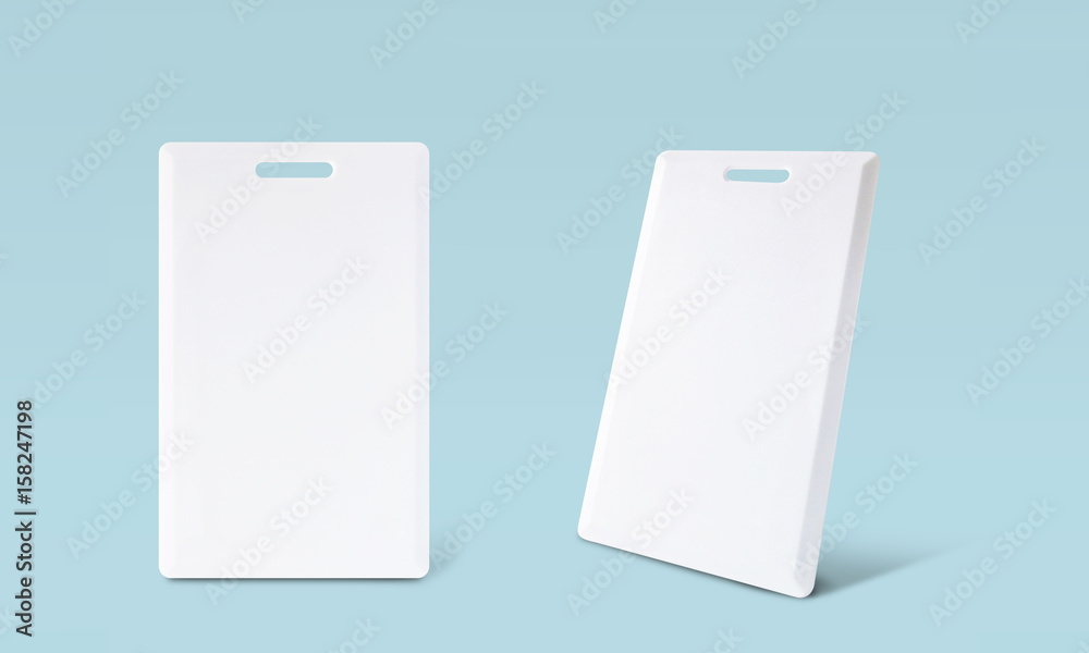 Blank white key card for mock up, Isolated on blue background, Front and side view perspective