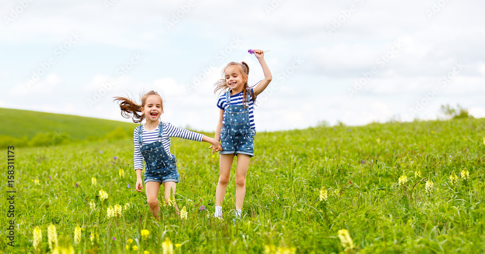 happy children twins sisters jumping and laughing  in summer