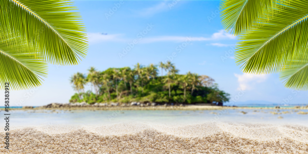 Sandy tropical beach with palm leaves frame and small island of andaman sea on background,concept su