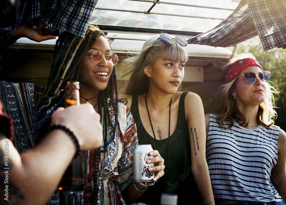 Friends Drinking Alcohol Beers Together on Road Trip Journey