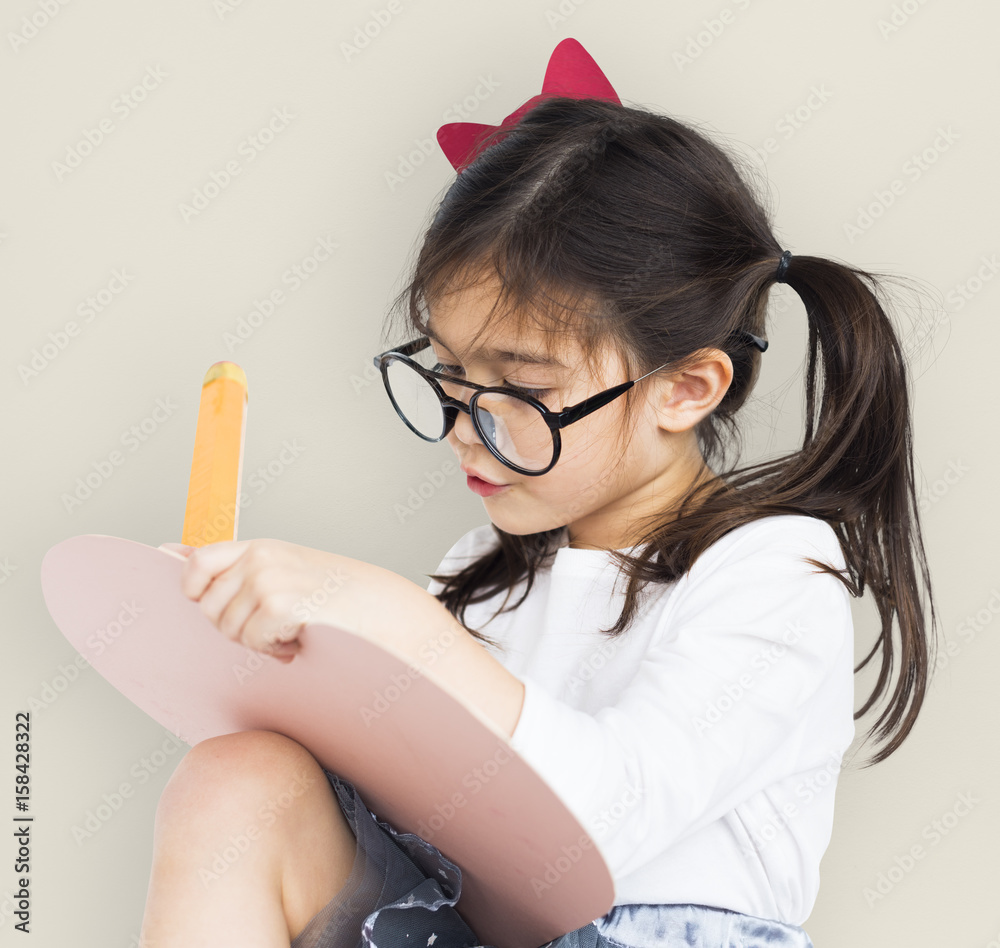 Little Girl Wear Glasses Hands Hold Pencil