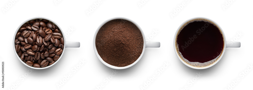 Coffee beans, ground coffee and cup of black coffee