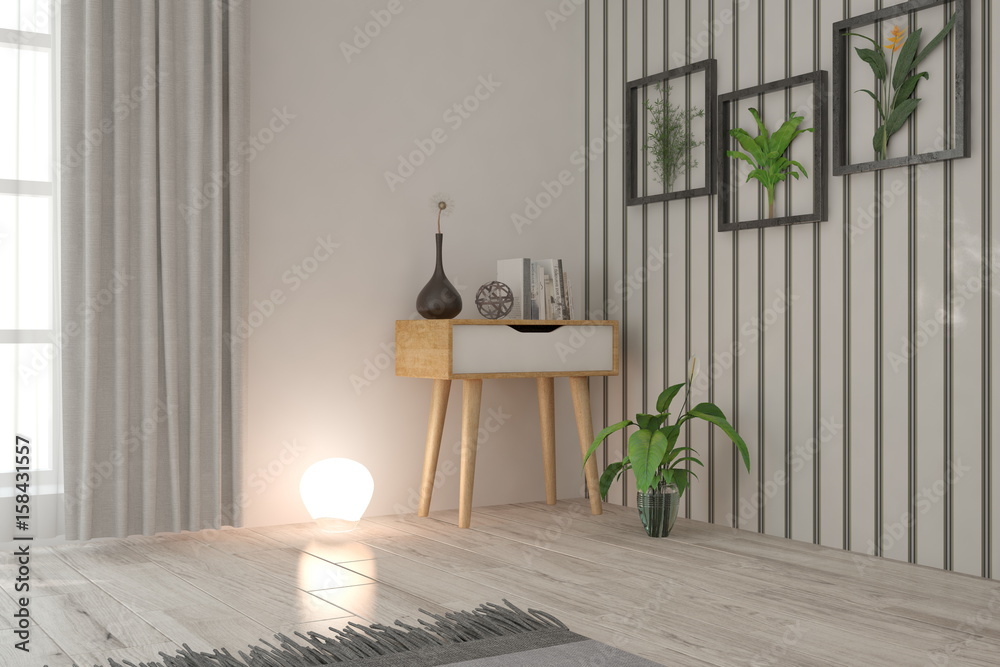 White empty room. Scandinavian interior design. 3D illustration