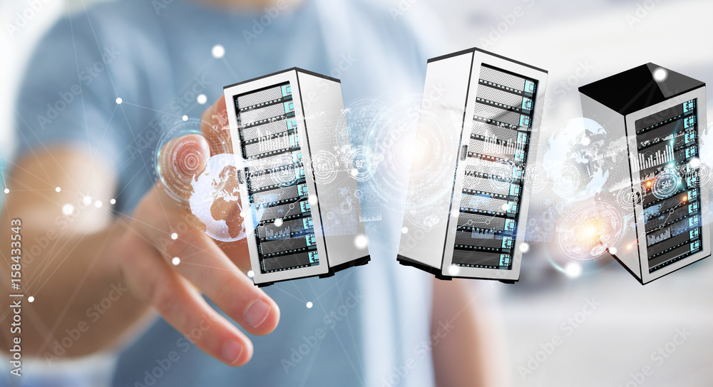 Businessman connecting servers room data center 3D rendering