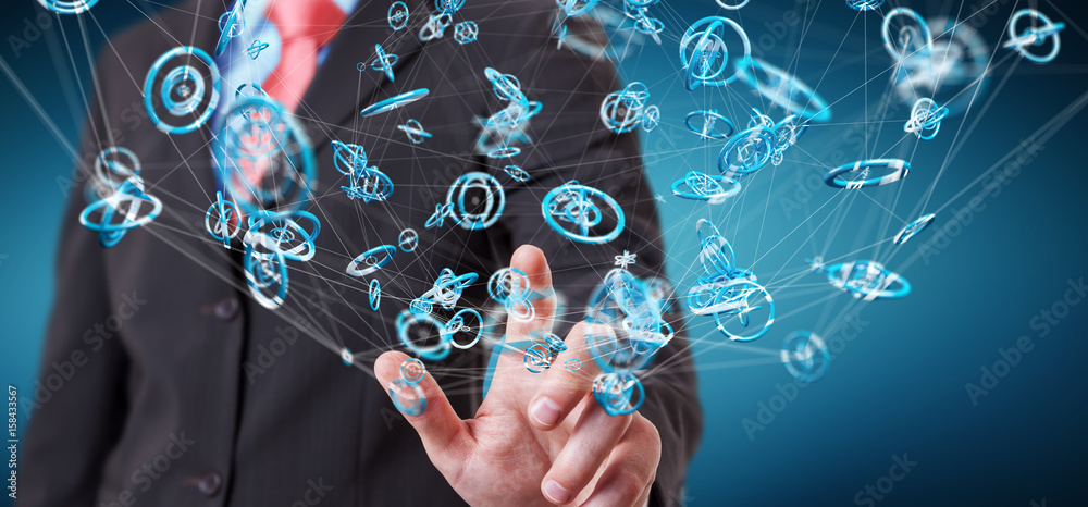 Businessman using flying network connection interface 3D rendering