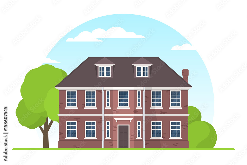 Frontview of english style suburban private house. Flat design.