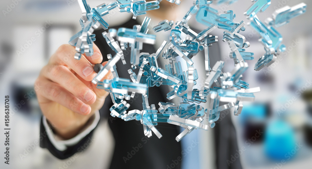 Businessman holding 3D rendering group of blue people