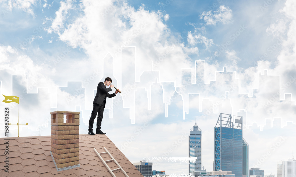 Engineer man standing on roof and looking in spyglass. Mixed media