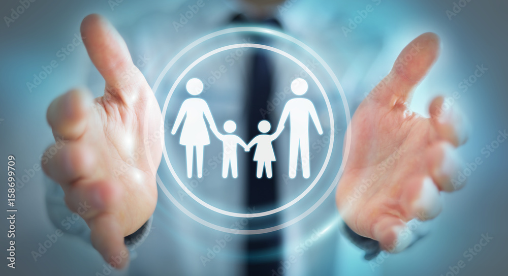 Businessman holding family interface in his hand 3D rendering