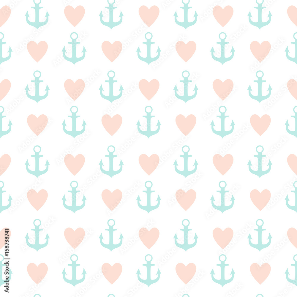 Abstract Simple Seamless Pattern Background with Anchor and Heart Symbol. Vector Illustration