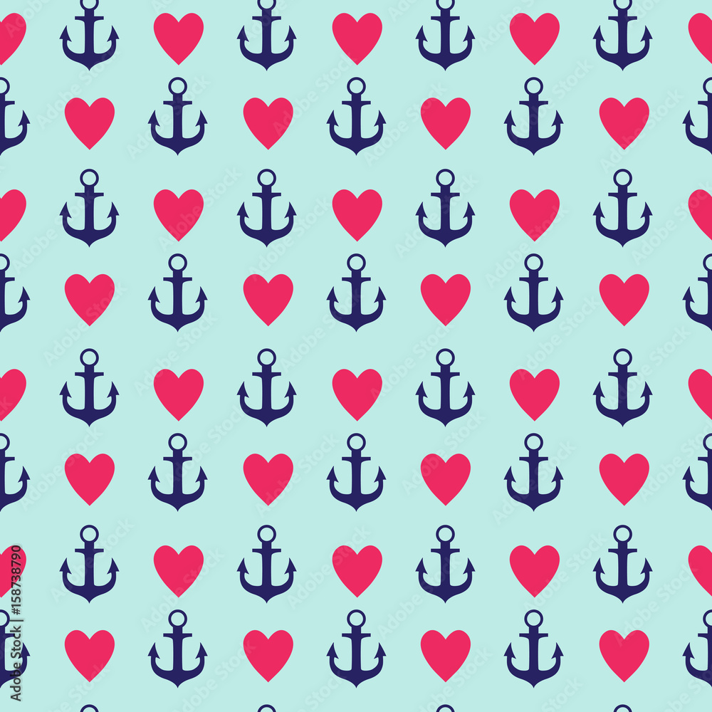 Abstract Simple Seamless Pattern Background with Anchor and Heart Symbol. Vector Illustration