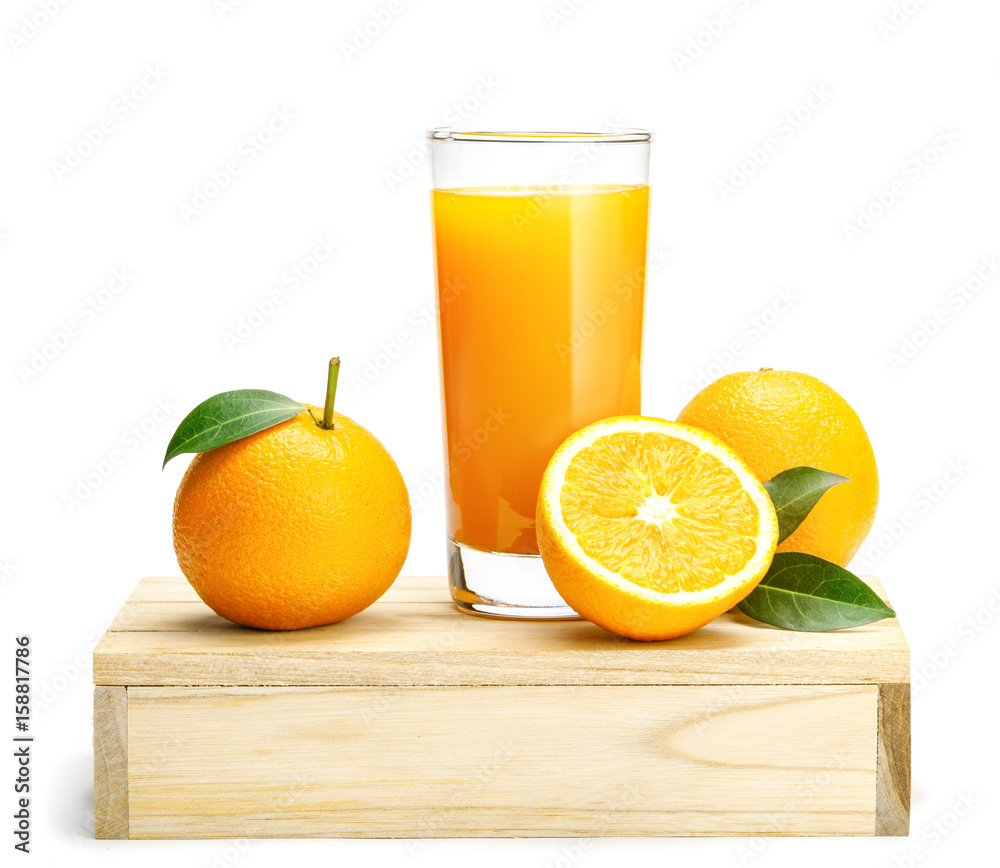 Glass of fresh orange juice with group of orange on a wooden box isolate on white background, Select