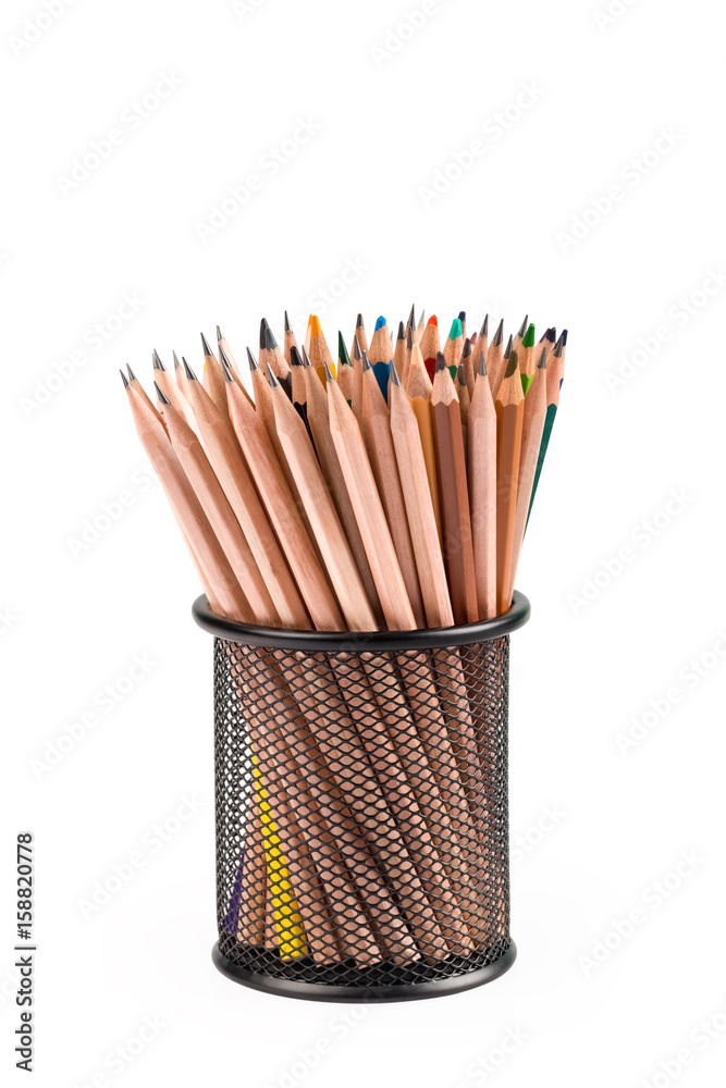 various pencils in metal grid container