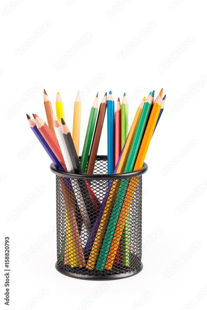 color pencils in metal pot isolated