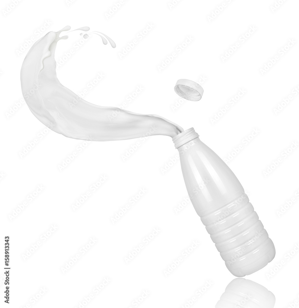 Milk splashing out of plastic bottle, isolated on white background