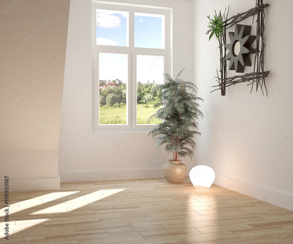 White empty room with green landscape in window. Scandinavian interior design. 3D illustration