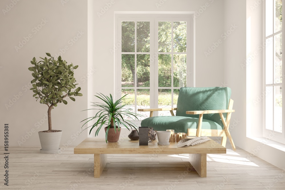 White room with armchair and green landscape in window. Scandinavian interior design. 3D illustratio