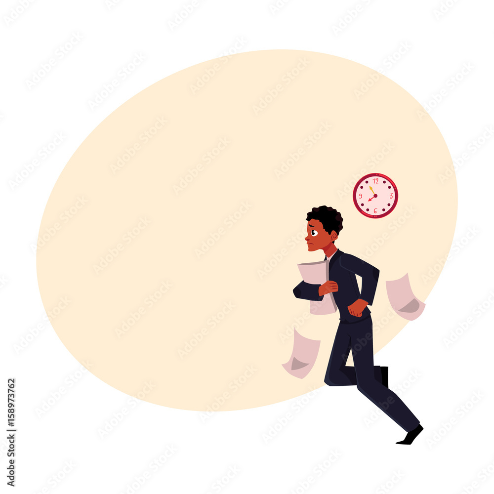 Black, African American businessman hurrying to work, being late, cartoon vector illustration with s