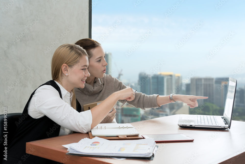 Caucasian business women working together at the office on a laptop computer. Business partnership p