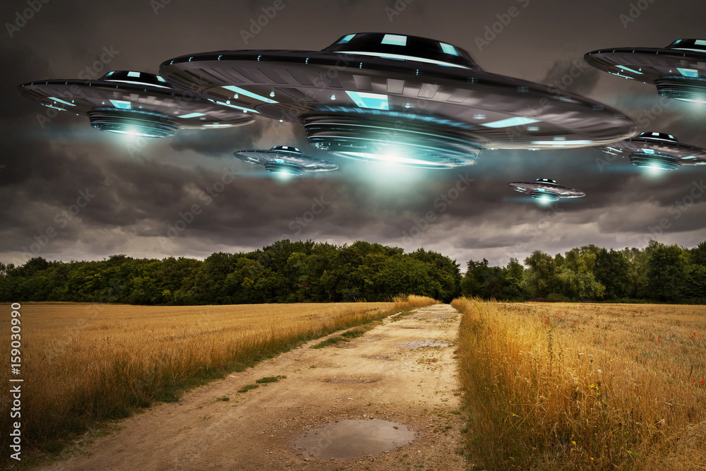 UFO invasion on planet earth landascape 3D rendering