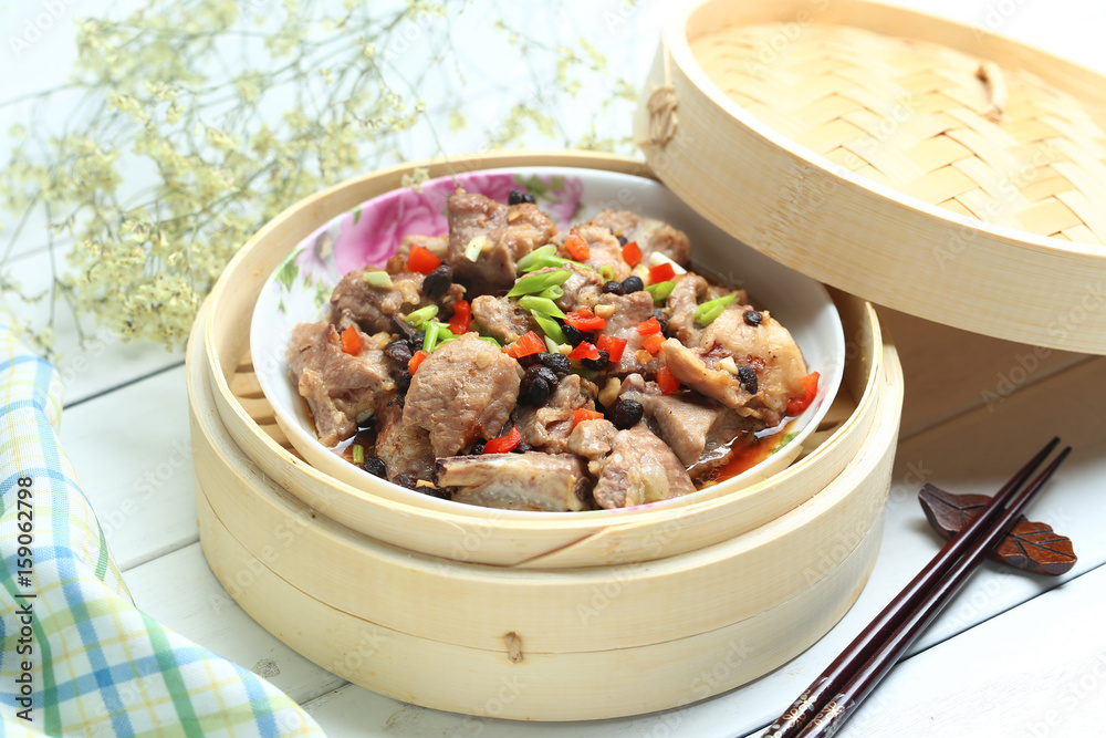 soy Steamed ribs in bamboo steamer