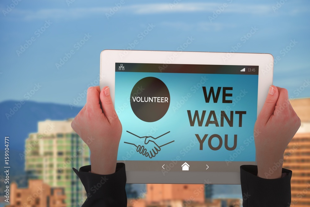 Composite image of feminine hands holding tablet