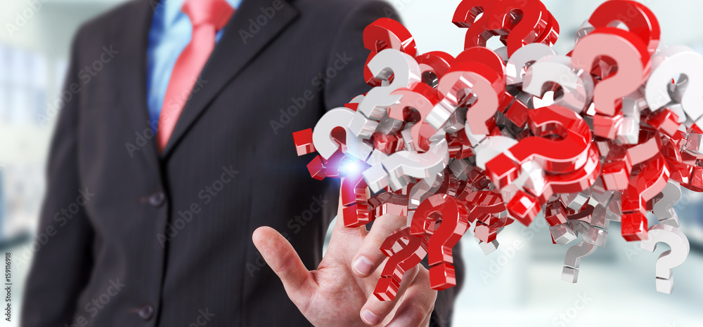 Businessman using 3D rendering question marks