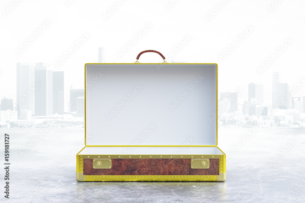 Empty suitcase in city background