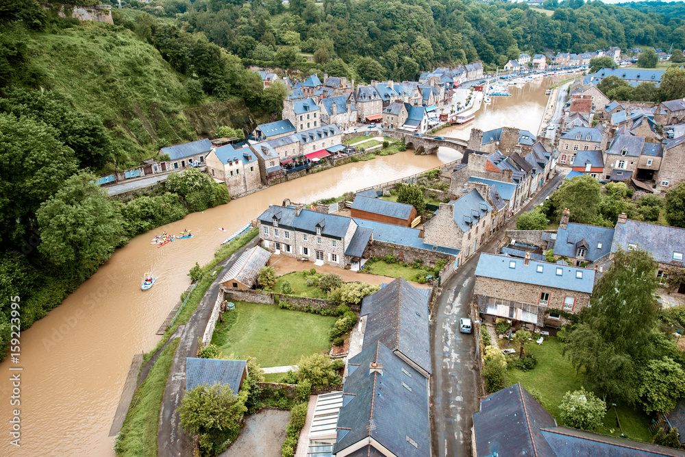 Top view on the famous Dinan town with viaduc and river Rance in Brittany region in France