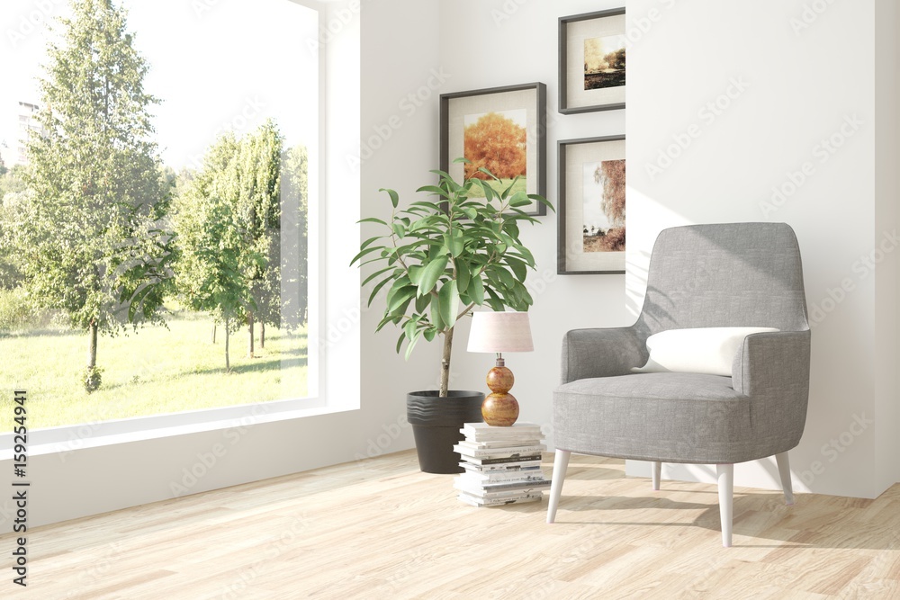 White room with armchair and green landscape in window. Scandinavian interior design. 3D illustratio