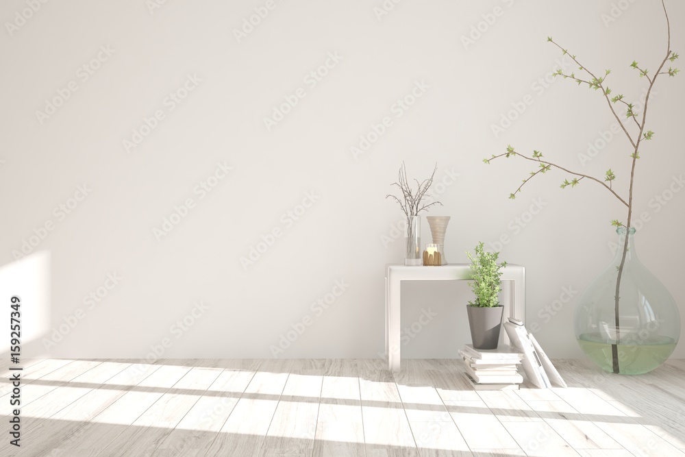 White modern room with vase. Scandinavian interior design. 3D illustration