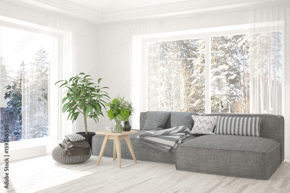 White room with sofa and winter landscape in window. Scandinavian interior design. 3D illustration