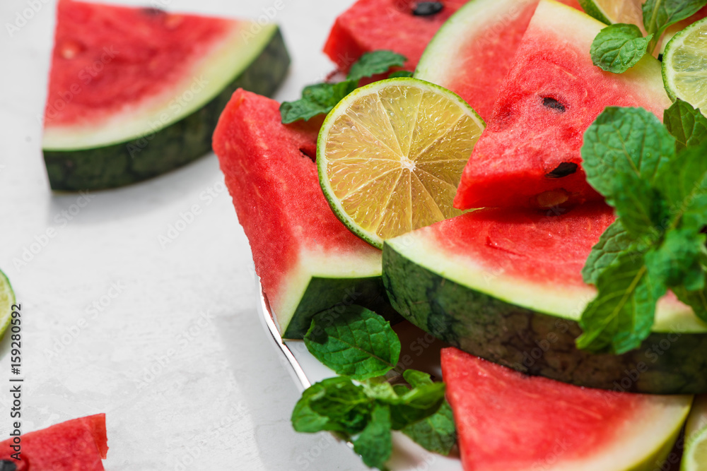 Fresh sliced watermelon on a plate in summertime