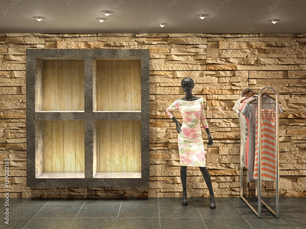 interior shop with mannequin, 3d illustration