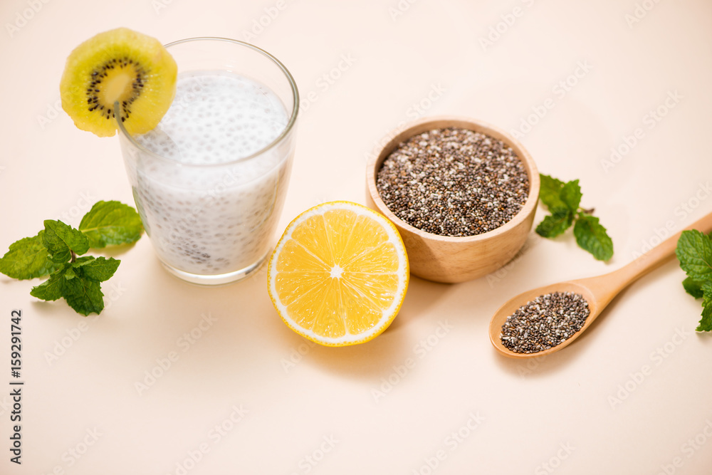 Healthy breakfast with chia pudding in glass