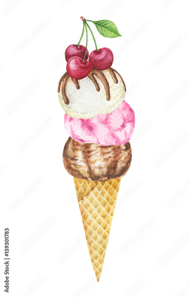 Watercolor waffle cone with chocolate, vanilla and fruit ice cream decorated with cherries.