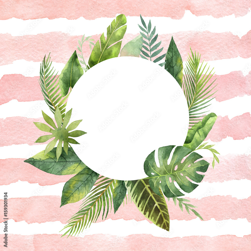 Watercolor round frame tropical leaves and branches on the background of stripes.