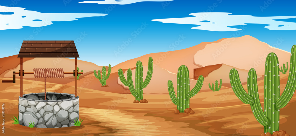 Desert scene with cactus and well