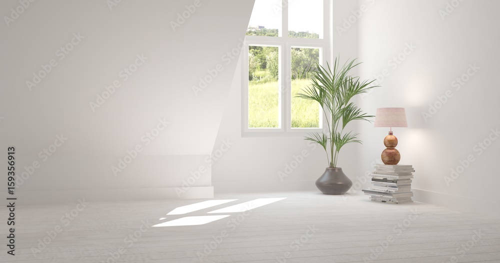 White room with sofa and green landscape in window. Scandinavian interior design. 3D illustration